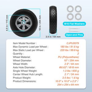 Set di 2 Ruote in PU Solido da 10 Pollici, Carico Dinamico 180 Libbre, Carico Statico 220 Libbre, Pneumatici Tubeless Antiforatura per Rimorchi Agricoli - Product Image 4