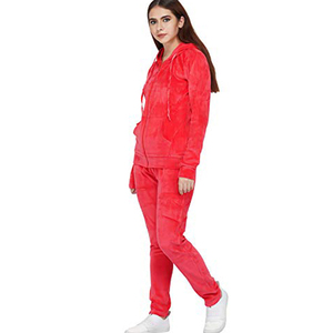 Ensemble de survêtement en polaire rouge pour femmes, sweat-shirt à capuche avec fermeture éclair, pantalon long, couleur unie, léger, vêtements d'hiver - Product Image 2