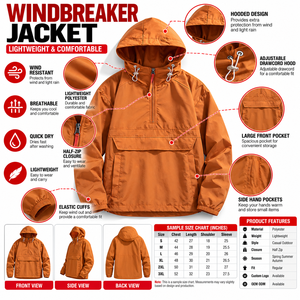 Chaqueta Cortavientos con Capucha para Hombre, Ligera, de Poliéster, Informal, para Otoño, con Cierre de Cremallera de un Cuarto, Color Sólido, Corte Holgado, con Capucha con Cordón Ajustable - Product Image 6