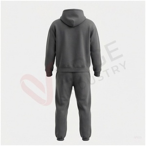 Ensemble de survêtement gris à capuche pour homme, manches longues, couleur unie, logo en relief, fermeture à cordon, tenue décontractée d'automne, coupe classique - Product Image 2