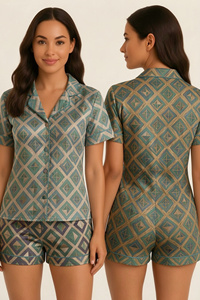 Ensemble de pyjama en satin bleu à pois pour femmes, manches courtes, col rabattu, fermeture à boutons, vêtements de nuit d'été - Product Image 5