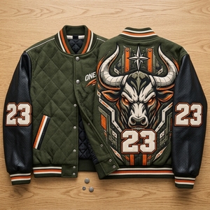 Veste de baseball verte pour homme, veste de baseball en laine avec manches en cuir, design brodé, veste bomber d'équipe - Product Image 1