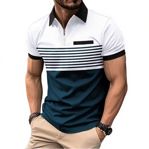Men's Anti-Wrinkle Embroidered Short Sleeve Color Blocked <b>Striped</b> Zipper for <b>Shirt</b> Casual Knitted Top <b>White</b> Navy <b>Black</b> - Product Image 1