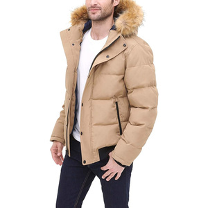 Men's Tan Winter Puffer Bomber <b>Jacket</b> With Detachable <b>Fur</b> <b>Hood</b> Down Filled Windproof Coat - Product Image 2