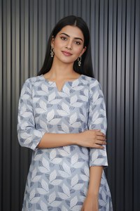 Kurti court à motif feuille pour femme, gris, en mélange de coton imprimé, col rond, manches trois quarts, longueur normale, entièrement cousu - Product Image 4