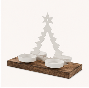 Porte-bougie chauffe-plat moderne en métal blanc pour sapin de Noël, base en bois naturel, 4 coupelles, écologique, durable, décoration d'intérieur - Product Image 5
