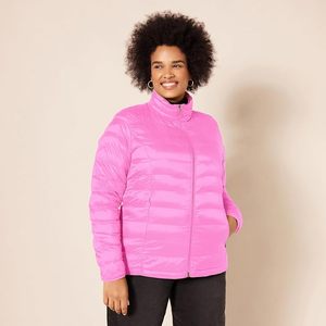 Chaqueta acolchada rosa para mujer con cuello alto, cortavientos, con cremallera, abrigo cálido de invierno - Product Image 5
