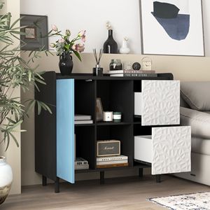 Credenza Nera con Ante Rosse, Design Unico del Pannello, 2 Scomparti Aperti e 2 Cassetti, Mobile da Cucina - Product Image 3