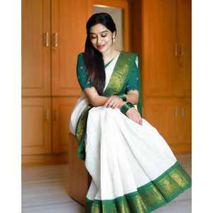 CRÉATEUR BANARASI SOIE DOUX SAREE AVEC BLOUSE NON COUCHÉE BLANC - Product Image 1