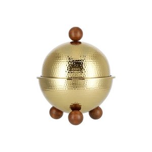 Casserole ronde moderne avec finition dorée martelée, pieds en bois et poignée de couvercle faits à la main, idéale pour les mariages et les hôtels. - Product Image 1