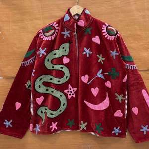 Luxury Red Velvet Embroidered Suzani <b>Jacket</b> With Snake Heart <b>Star</b> Pattern Stand Collar Boho Full Sleeve Autumn Outerwear - Product Image 1