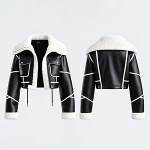 Veste en similicuir noir personnalisée avec col et poignets en fourrure de mouton blanche, coupe courte, style motard, vêtement d'extérieur pour femme - Product Image 3