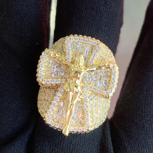 Women's Unisex Yellow <b>Gold</b> Vintage <b>Cocktail</b> <b>Ring</b> with Round Cut Moissanite Diamond Prong Setting Cross Party Religious Style - Product Image 3