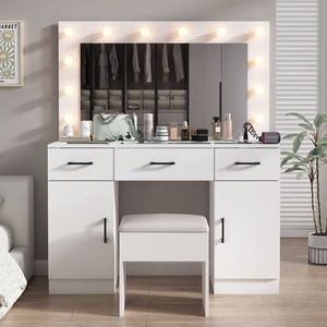Large Lighted <b>Mirror</b> Makeup Vanity Desk Set with 3 Drawers and 2 Cabinets Glass <b>Top</b> Vanity <b>Table</b> - Product Image 1