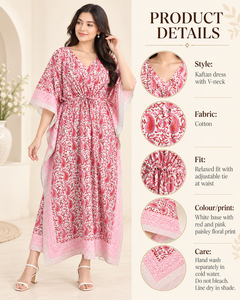 Vestido Kaftán Floral Rosa para Mujer, Estilo Boho Maxi, Ropa de Playa, Cuello en V, Ropa de Resort, Cintura Ajustable, 100% Algodón Transpirable con Aberturas, Venta al por Mayor - Product Image 5