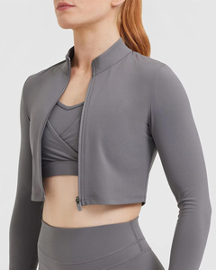 Women's Gray Long Sleeve Crop <b>Top</b> Half-Zip Solid Color Breathable Fitness Shirt Regular Fit Full Sleeve All Seasons - Product Image 5
