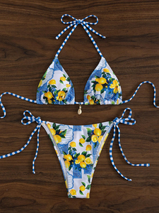 Women's <b>Bikini</b> Sets Sexy Sublimated Design Two Piece Swimsuit V Neck Halter Back Self Tie Low Rise Bottom - Product Image 4