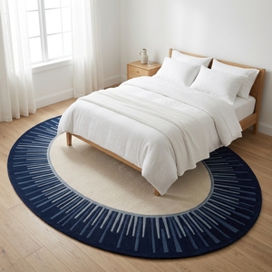 Modern Oval Sunburst Handmade <b>Tufted</b> <b>Rug</b> Navy Blue and Ivory Area Carpet - Product Image 1
