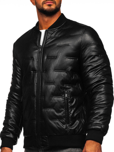 Men's Black PU Bomber <b>Jacket</b> Windproof Zipper Closure Padded Winter Moto Style Thick Solid Color Regular Fit - Product Image 3