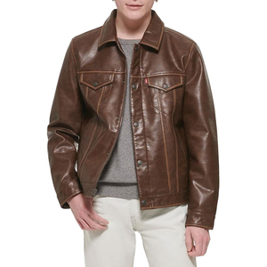 Veste en cuir véritable pour homme, marron, col rabattu, coupe décontractée, fermeture à boutons simple, style automne - Product Image 1