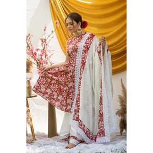 Conjunto de Traje de Algodón y Chifón Transpirable con Estampado Floral Rojo Primavera para Mujer - Talla XS - Product Image 2