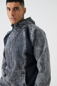 Men's Stonewashed Denim Hooded <b>Zip</b>-<b>Up</b> <b>Jacket</b> Raglan Sleeve Oversized Casual Breathable Autumn Wear - Product Image 4