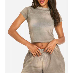 Camiseta Corta de Punto de Algodón Gris para Mujer, Cuello Redondo, Manga Corta, Informal, Verano, Transpirable, Color Sólido, Estilo Urbano - Product Image 1