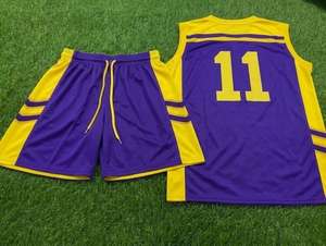 Ensemble de maillots de basketball jaunes en mesh sans manches à col en V, anti-humidité, avec impression par sublimation, et shorts personnalisés à cordon de serrage pour équipe - Product Image 2