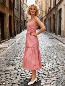 Women Elegant Pink Cotton Midi Dress Sleeveless <b>Spaghetti</b> <b>Strap</b> Casual Summer Boho Dress - Product Image 3