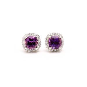 Boucles d'oreilles clous en améthyste naturelle, argent sterling 925, taille coussin halo, pierre précieuse violette, bijoux pierre de naissance de février - Product Image 2