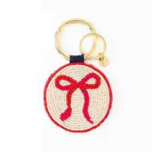Pink Beaded <b>Bow</b> Classic Circle Pattern Canvas Woven Keychain Charm Cute Style Accessory - Product Image 3