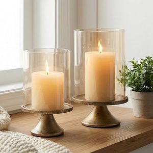 Ensemble de 2 bougeoirs Hurricane avec dôme en verre et base en fer, élégants bougeoirs décoratifs pour salon - Product Image 1
