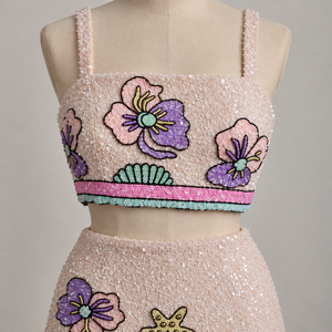 Conjunto de Vestido Mini de Dos Piezas con Cuentas Florales y Corte en A, con Perlas y Cristales, Sin Mangas, Transpirable, con Cintura Natural, para Fiesta, para Mujer - Product Image 5