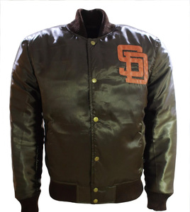 Custom Dark Brown Satin Varsity <b>Jacket</b> Men <b>Leather</b> Patch Logo Bomber <b>Jacket</b> Wholesale Letterman Baseball Uniform - Product Image 1