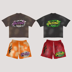 ชุดเซ็ตเสื้อยืดและกางเกงลำลองผ้าแคนวาสระบายอากาศสำหรับผู้ชาย สไตล์สตรีทแวร์ เอวยางยืดปานกลาง ผ้าฝ้าย ล้างสีแบบแอซิดวอช สำหรับฤดูร้อน แบบเรียบง่าย 2 ชิ้น - Product Image 1