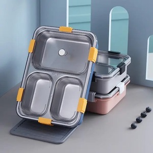 Boîte à lunch en acier inoxydable à 3 compartiments, conteneur bento détachable avec base bleue et ustensiles, récipient alimentaire réutilisable - Product Image 6