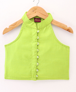 Twisha Haut sans manches en chanderi tissé uni avec palazzo imprimé - Vert citron et rose - Product Image 4
