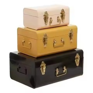 Set of 2 Custom Royal Blue Faux Leather Storage Trunk Box Nesting Fabric Lined Ribbon Interior Vintage Luggage <b>Suitcase</b> - Product Image 3