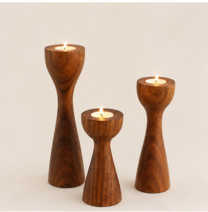 Handcrafted Mid-Century Modern Wooden Candle Holder Set Of 3 Premium Solid Teak Wood Pillar Stands For Elegant Table Centerpiece - Product Image 3