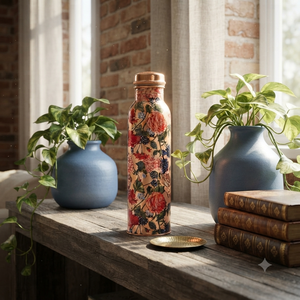 Bouteille d'eau en cuivre artisanale avec motif floral rose, réutilisable, en métal, pour voyage, yoga, maison, bureau, cadeau, vente en gros - Product Image 4