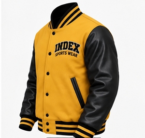 แจ็คเก็ตวาร์ซิตี้สีเหลืองสำหรับผู้ชาย แบรนด์ INDEX แขนเสื้อหนัง PU สีดำ ปักโลโก้ ปกคอเสื้อพับได้ ติดกระดุม ใส่ได้ในช่วงฤดูใบไม้ร่วง - Product Image 6