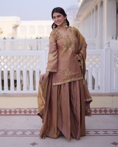 Diwali Wrinkle Free Launching Party Wear Sharara Suit with Pent and Dupatta PV Vichitra <b>Material</b> Readymade Collection - Product Image 1
