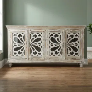 Aparador de Madera Reciclada Estilo Vintage con Cuatro Puertas Decorativas con Tallados, Acabado Blanco Desgastado, Mueble Rústico - Product Image 6