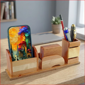 Organisateur avec porte-stylo et support pour téléphone, cadeau de bureau multifonctionnel, style simple, impression numérique faite à la main - Product Image 6