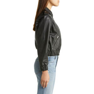 <b>Leather</b> Bomber <b>Jacket</b> Women Moto Biker Style Zipper Closure Turn-Down Collar Slim Fit Short Length Autumn Wear - Product Image 4