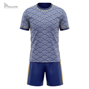 Kit de football OEM entièrement sublimé, uniforme de football sans col motif vague océanique, ensemble de sport avec short bleu marine uni, 100% polyester Circuit - Product Image 1