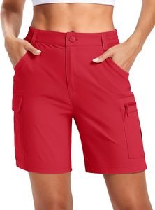 Short cargo gris pour femme, taille haute, fermeture boutonnée, séchage rapide, coupe sportive avec poches, style classique, couleur unie, tissu tricoté - Product Image 6