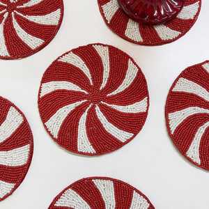 Handmade Beaded Coaster Set Of 5 Red White Swirl Pattern Reusable Bar Mats Novelty <b>Drinkware</b> <b>Accessories</b> - Product Image 4