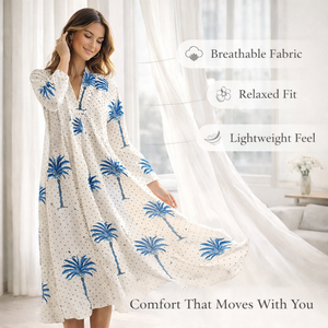 เดรสผ้าฝ้ายพรีเมียมพิมพ์ลายต้นปาล์ม คอวี แขนยาว มีกระเป๋าข้าง สไตล์คาลิ ทรงบานลำลอง สำหรับผู้หญิง ความยาวปานกลาง - Product Image 5