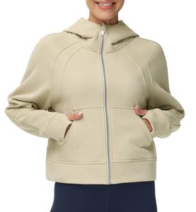Sudadera con Capucha y Cremallera para Mujer, de Forro Polar, Color Beige Sólido, Manga Larga, Transpirable, para Otoño - Product Image 1